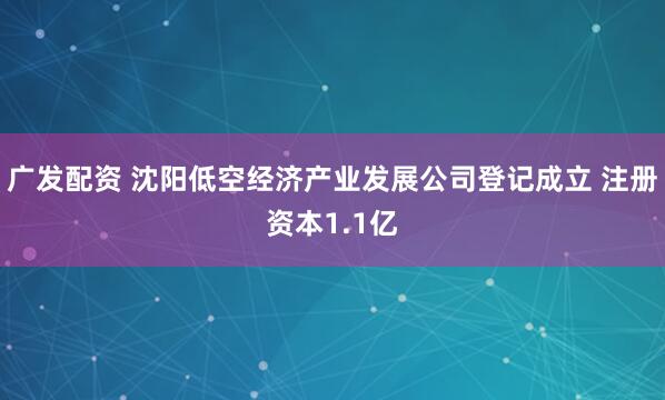广发配资 沈阳低空经济产业发展公司登记成立 注册资本1.1亿